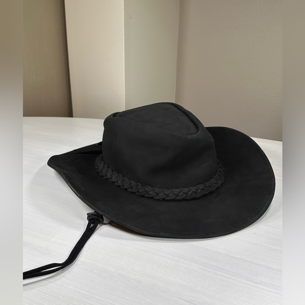 New Real Genuine Cowhide Leather Cowboy Hat, Size Large Men’s Women’s Black